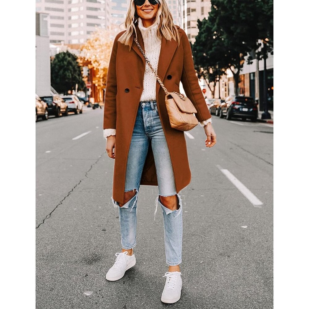 Women's Caramel  Winter Wool Coat Casual Notch Lapel Single-Breasted Peacoat - Picture 2 of 8